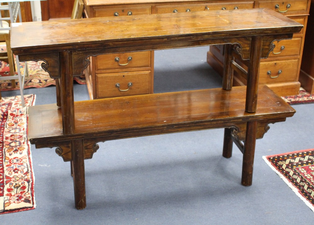 A pair of Chinese softwood bench seats, W.125cm D.33cm H.42cm